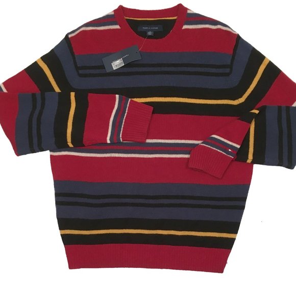 NEW VintageTommy Hilfiger Lambswool Sweater! Red Blue Black White Yellow Stripes - Picture 1 of 2
